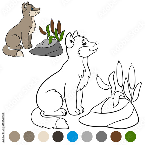 Color me: wolf. Little cute baby wolf smiles.