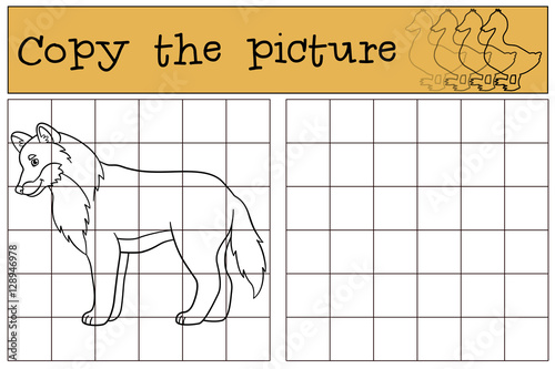 Educational game: Copy the picture. Cute beautiful wolf smiles.