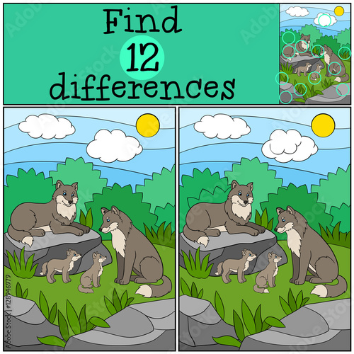 Educational game: Find differences. Wolf family: mother, father