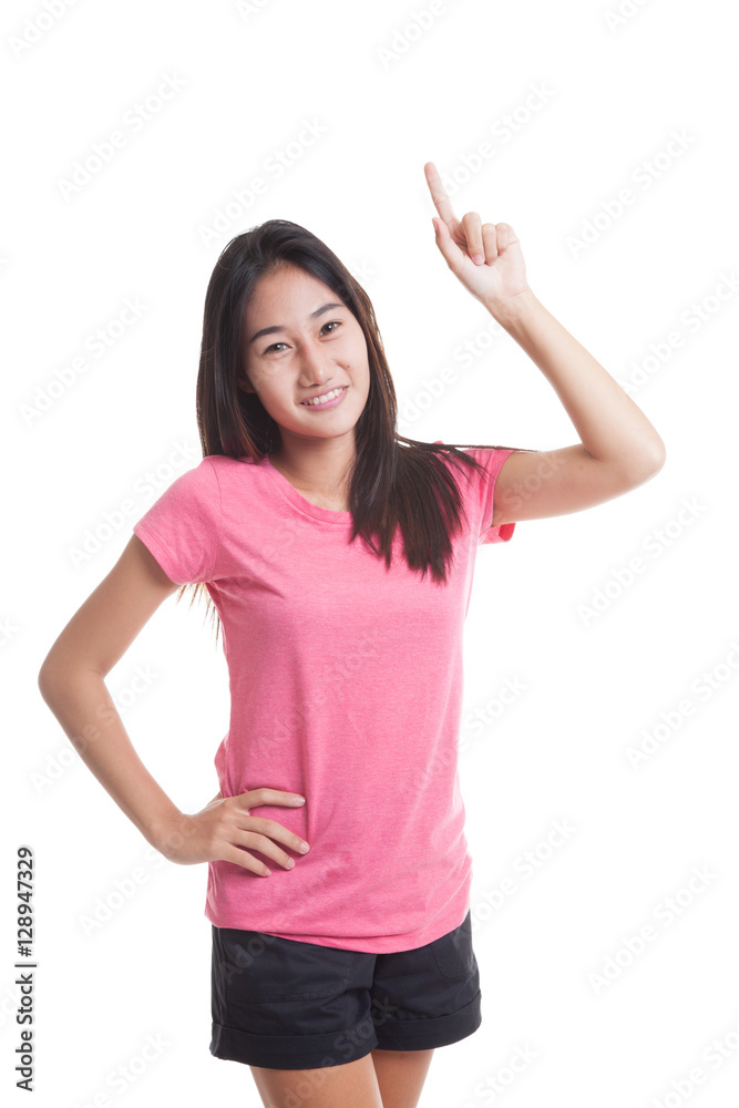 Young Asian woman smile and point up Young Asian woman smile and point up