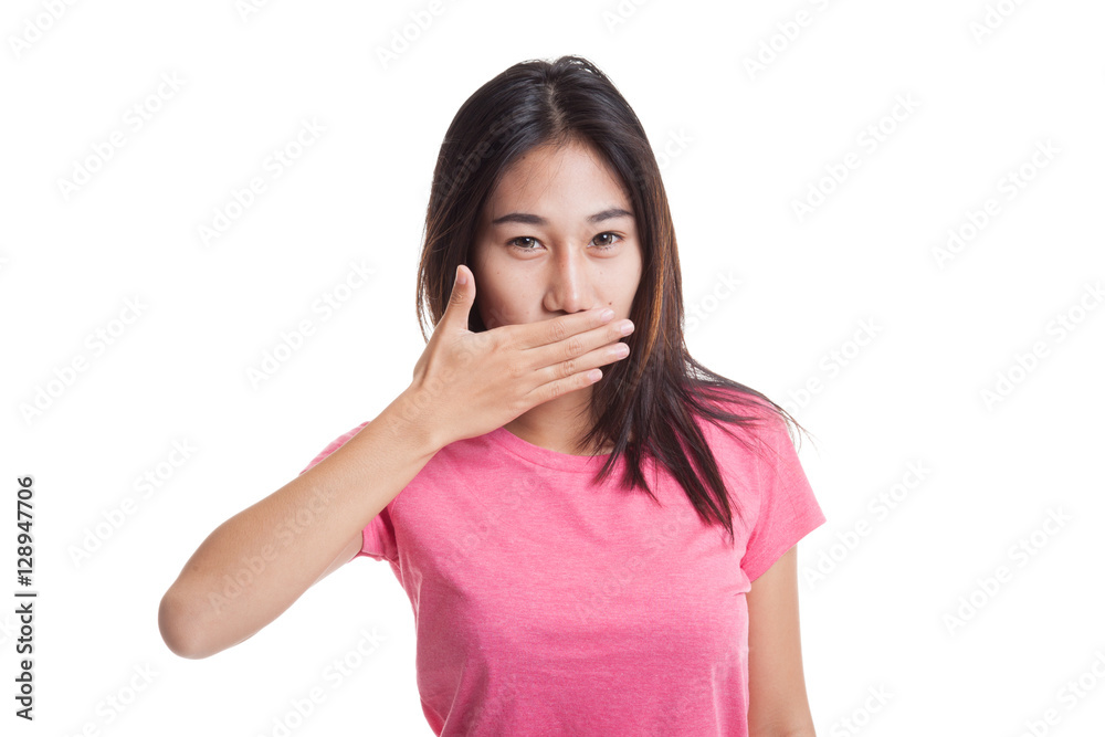 Young Asian woman close her mouth with hand Young Asian woman close her mouth with hand