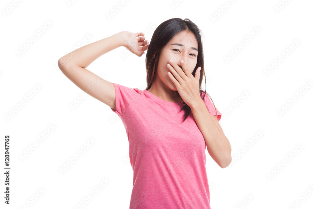 Sleepy young Asian woman yawn isolated on white background Sleepy young Asian woman yawn isolated on white background
