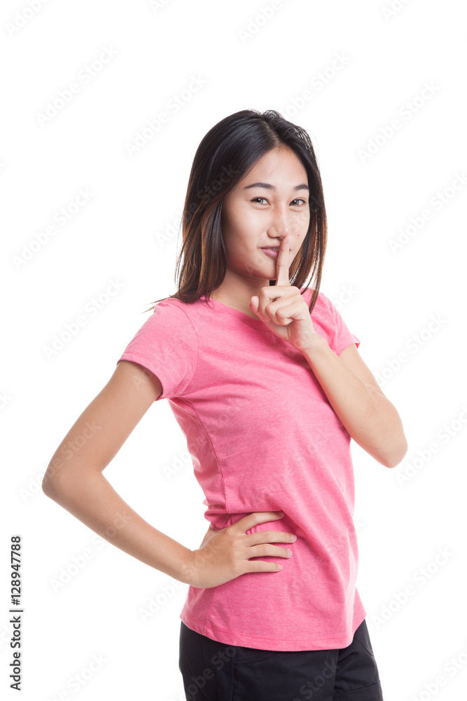 Asian girl show quite hand sign isolated on white background
