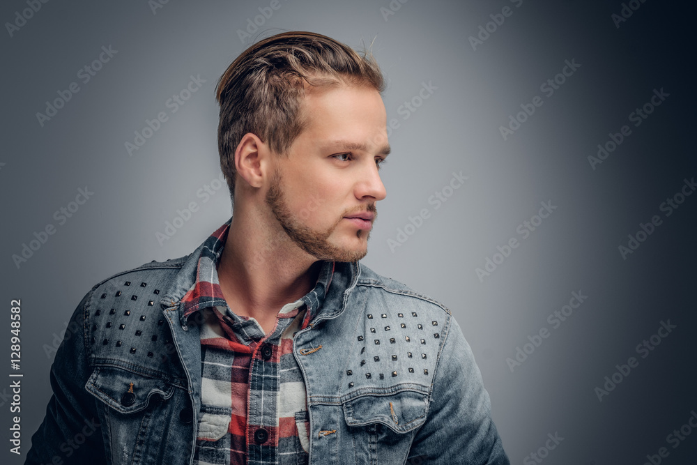 Positive blond bearded male dressed in a plaid shirt and denim j Positive blond bearded male dressed in a plaid shirt and denim j