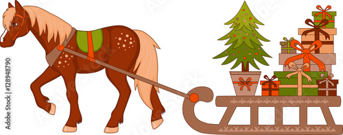 Horse driven sleigh with boxes of gifts and Christmas tree in a pot