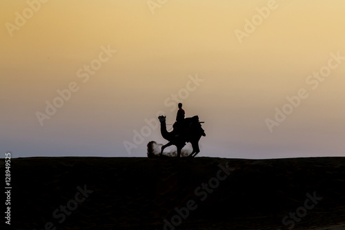 Sillhoutte of camel and its owner in Gobi desert - Jaisalmer, Rajasthan