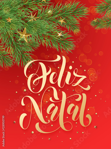 Portuguese Merry Christmas Feliz Natal greeting card decoration red background