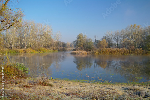 River landscape and autumn wood