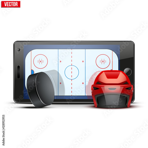 Mobile phone with ice hockey helmet and puck and field on the screen. Sports theme and applications. Vector illustration Isolated on white background.