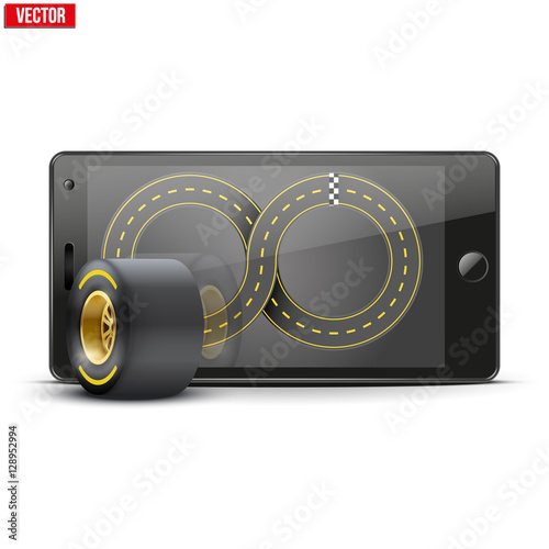 Mobile phone with racing wheel and track on the screen. Sports theme and applications. Vector illustration Isolated on white background.