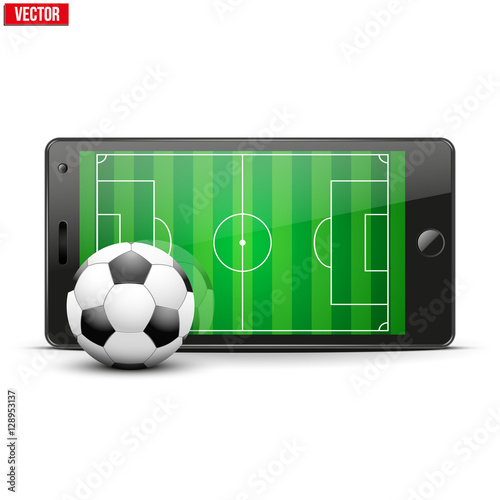 Mobile phone with football soccer ball and field on the screen. Sports theme and applications. Vector illustration Isolated on white background.