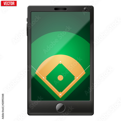 Smartphone with a baseball field on the screen. Sport technology and applications. Vector illustration. Isolated on white background.