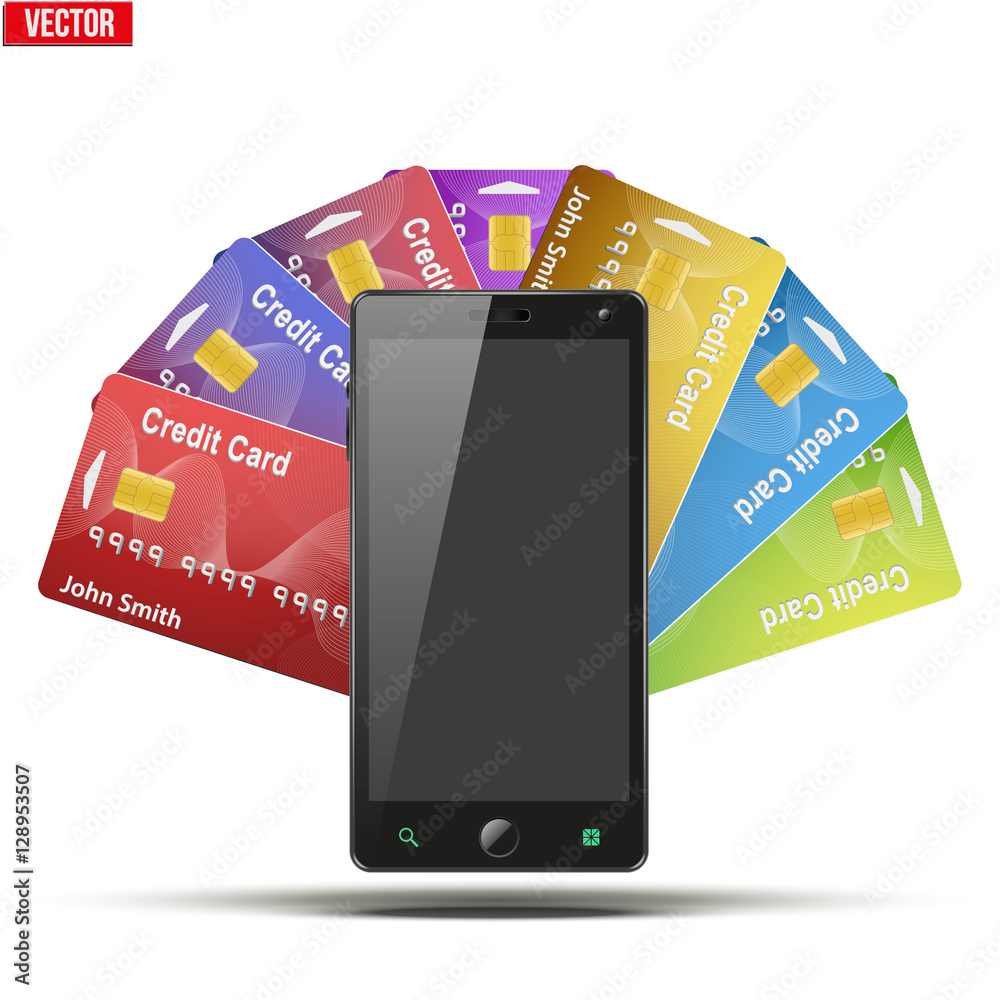 Different Credit Cards And Cell Phone. Payment system and mobile technology. Vector Illustration isolated on white background. Different Credit Cards And Cell Phone. Payment system and mobile technology. Vector Illustration isolated on white background.