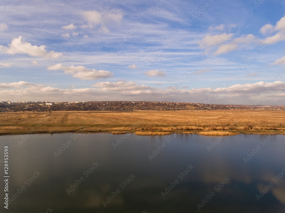 River landscape at autumn day.  Aerial view.