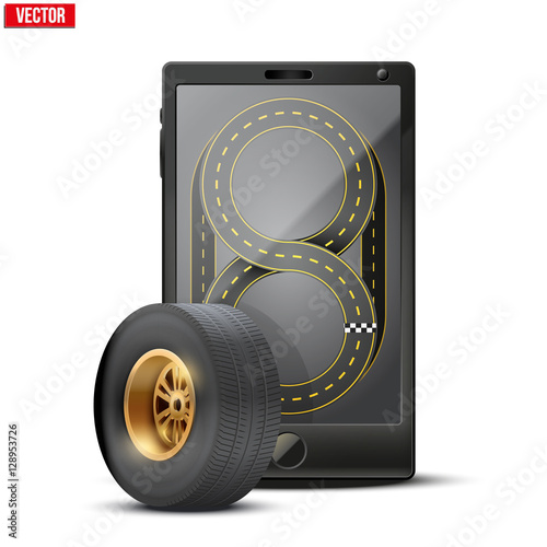Smartphone with racing wheel and track on the screen. Sports theme and applications. Vector illustration Isolated on white background.