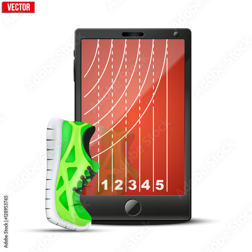 Smartphone with run shoes and running track on the screen. Sports theme and applications. Vector illustration Isolated on white background.