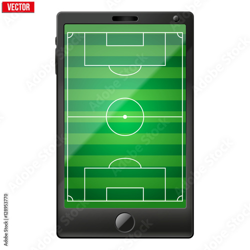 Smartphone with a football soccer field on the screen. Sport technology and applications. Vector illustration. Isolated on white background.
