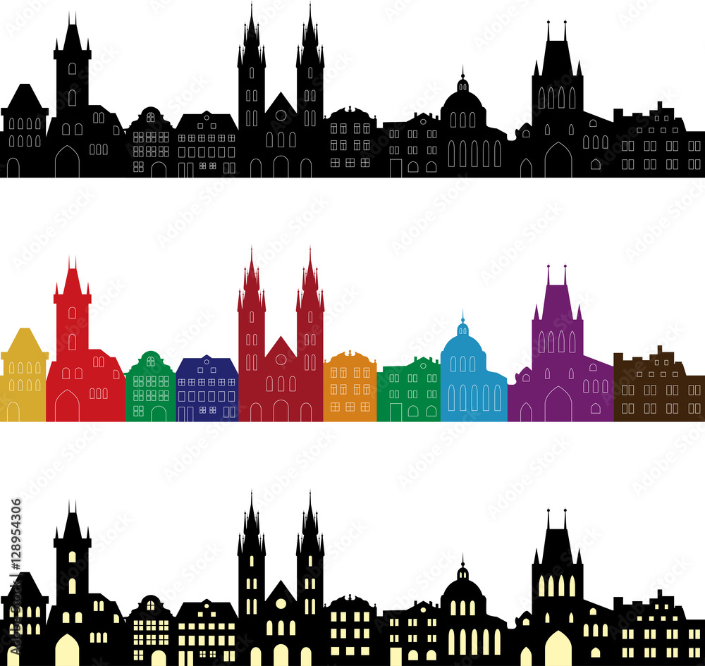 Set of european city silhouettes. Seamless skylines in different colors.  Vector illustration for website or banner. Travel concept.