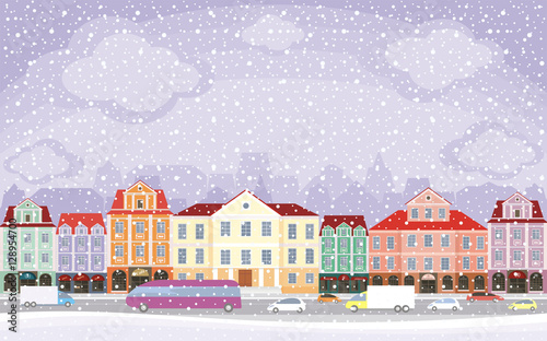 The image of a winter city. Snow-covered streets with small old houses. Vector illustration