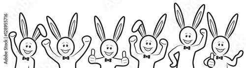 Gruppe aus sechs schwarz-weißen Strichmännchen-Osterhasen / gezeichnet, handgezeichnet, Zeichnung, Kontur, Design, Vektor