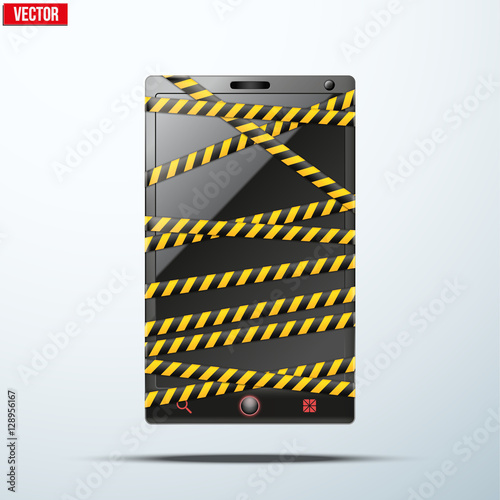 Smartphone, mobile phone wrapped danger tape. Vector illustration.