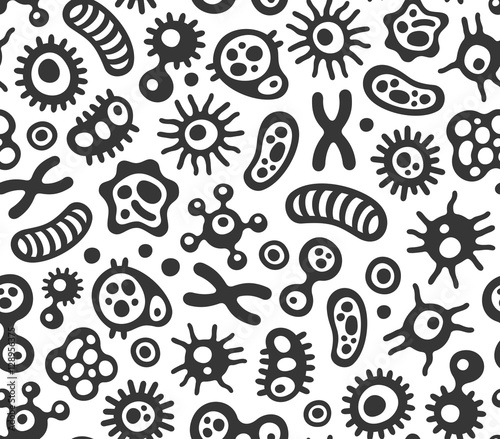 Microbes, Virus and Bacteria Seamless Pattern. Vector