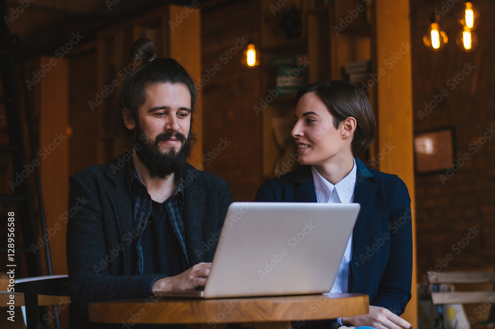 Busy business people in cafe, working while break Busy business people in cafe, working while break