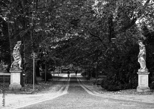 Alley with statues in Wroclaw Juliusz Slowacki city park. Wroclaw, Poland.