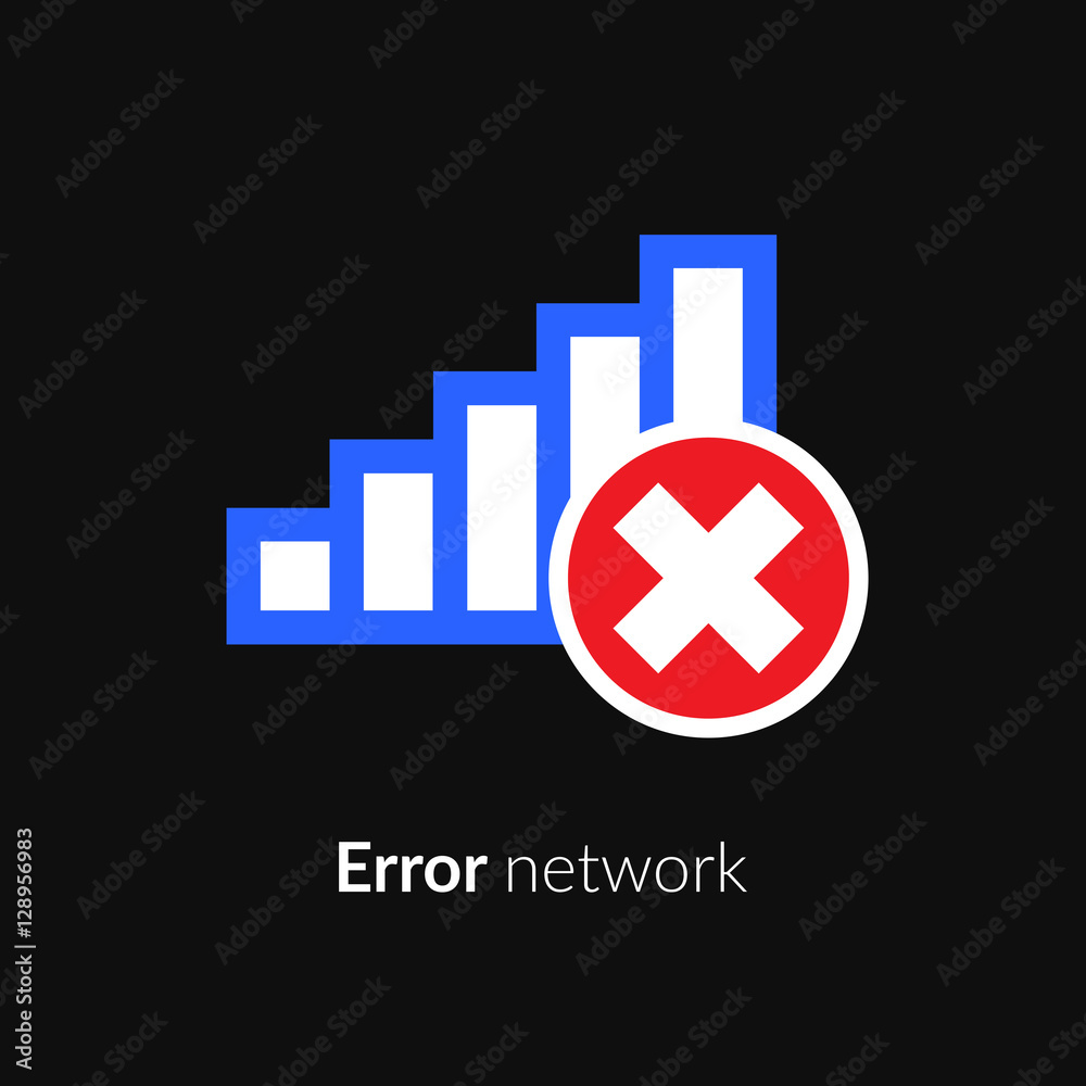 Obraz premium Error, wrong, incorrect, disconnect, bad antenna, not available, no signal stop symbol with network, connect, internet Wi-Fi, WLAN, blue icon on black background for computer or mobile interface.