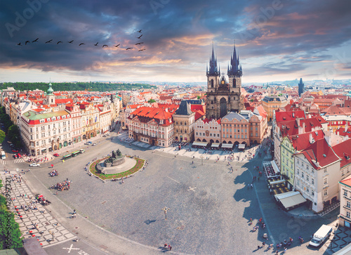 Kostel Panny Marie pred Tynem. Church of the Virgin Mary. Old Town Square in Prague with Tyn church from Clock Tower. photo