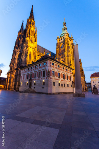 St. Vitus Cathedral in the evening, Prague, Czech Republic. Facade from the patio.