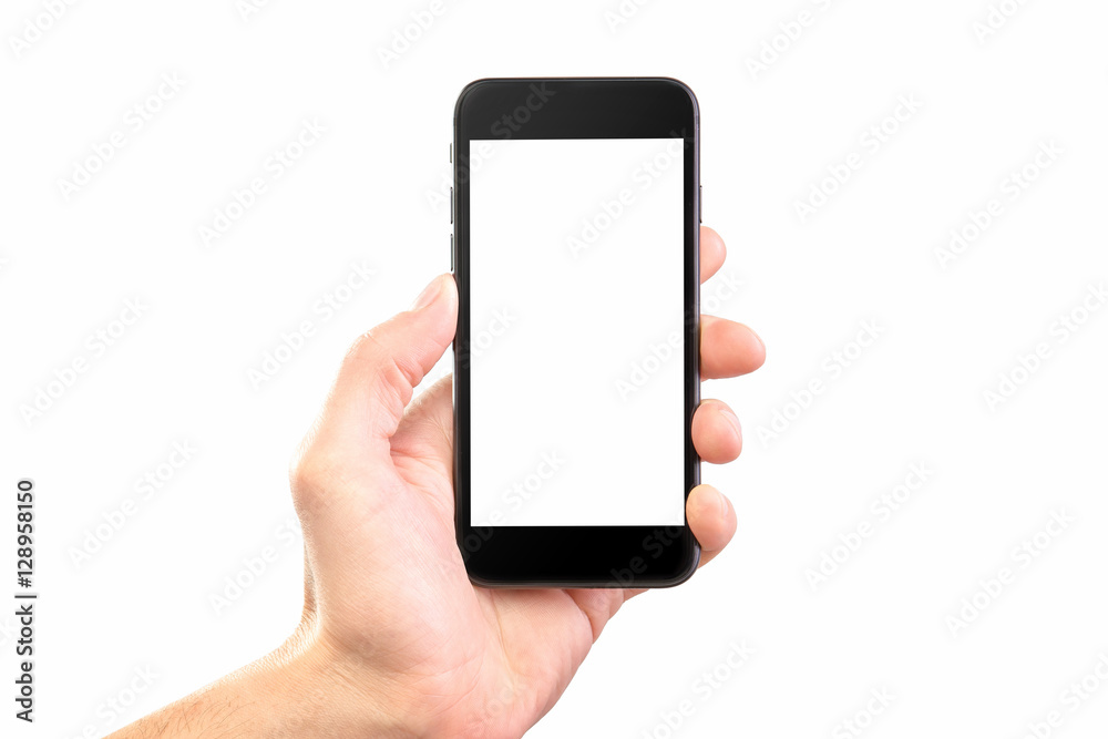 Male hand holding black cellphone isolated at white background. Male hand holding black cellphone isolated at white background.