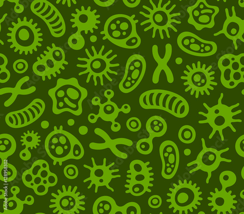 Microbes, Virus and Bacteria Green Seamless Pattern. Vector