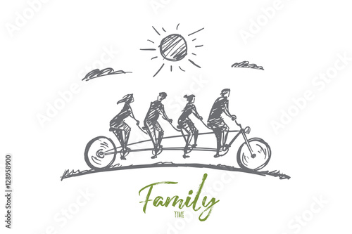 Vector hand drawn Family time concept sketch. Family consisting of four members riding one big bicycle together in summer. Lettering Family time