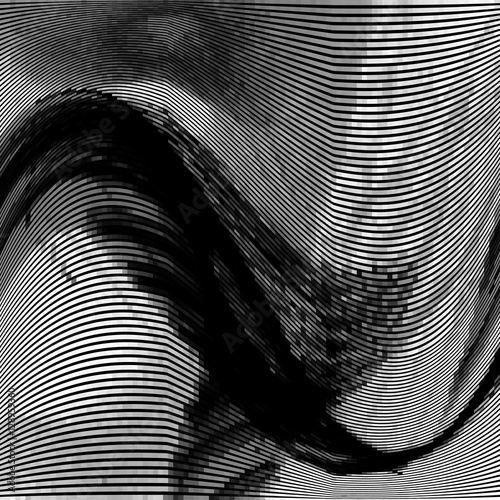 Glitch abstract background with distortion effect, bug, error, random wave black and white, monochrome lines for design concepts, posters, wallpapers, presentations and prints. Vector illustration.