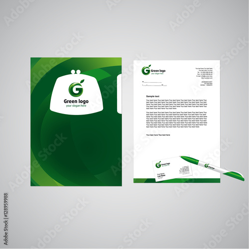 Template of corporative style concept. Company brandbook elements in green design. Vector set of business or office objects with branding. File, document, letter blank and business card.