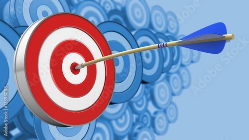 3d illustration of blue arrow with target over many targets background