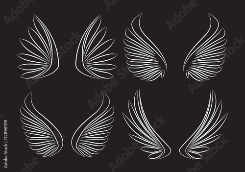 Set of four piar outlined stroke vector wings on black backgroun