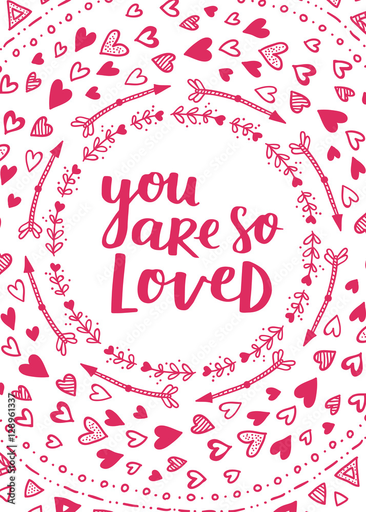 Greeting poster for Valentine's Day. Vector card with brush lettering and hand written elements. Pink and white color label for your design and invitation.