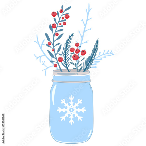 Mason jar and winter composition of red berries, holly and branches of fir. Christmas card vector illustration.
