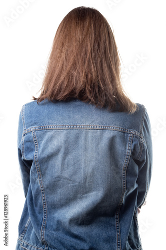 Woman in jeans jacket from back