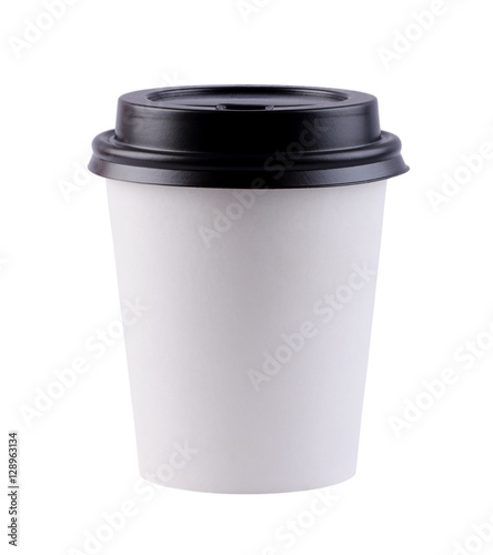 White paper coffee cup with black top. Isolated on white backgro