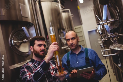 Manufacturer inspecting beer in tube with worker