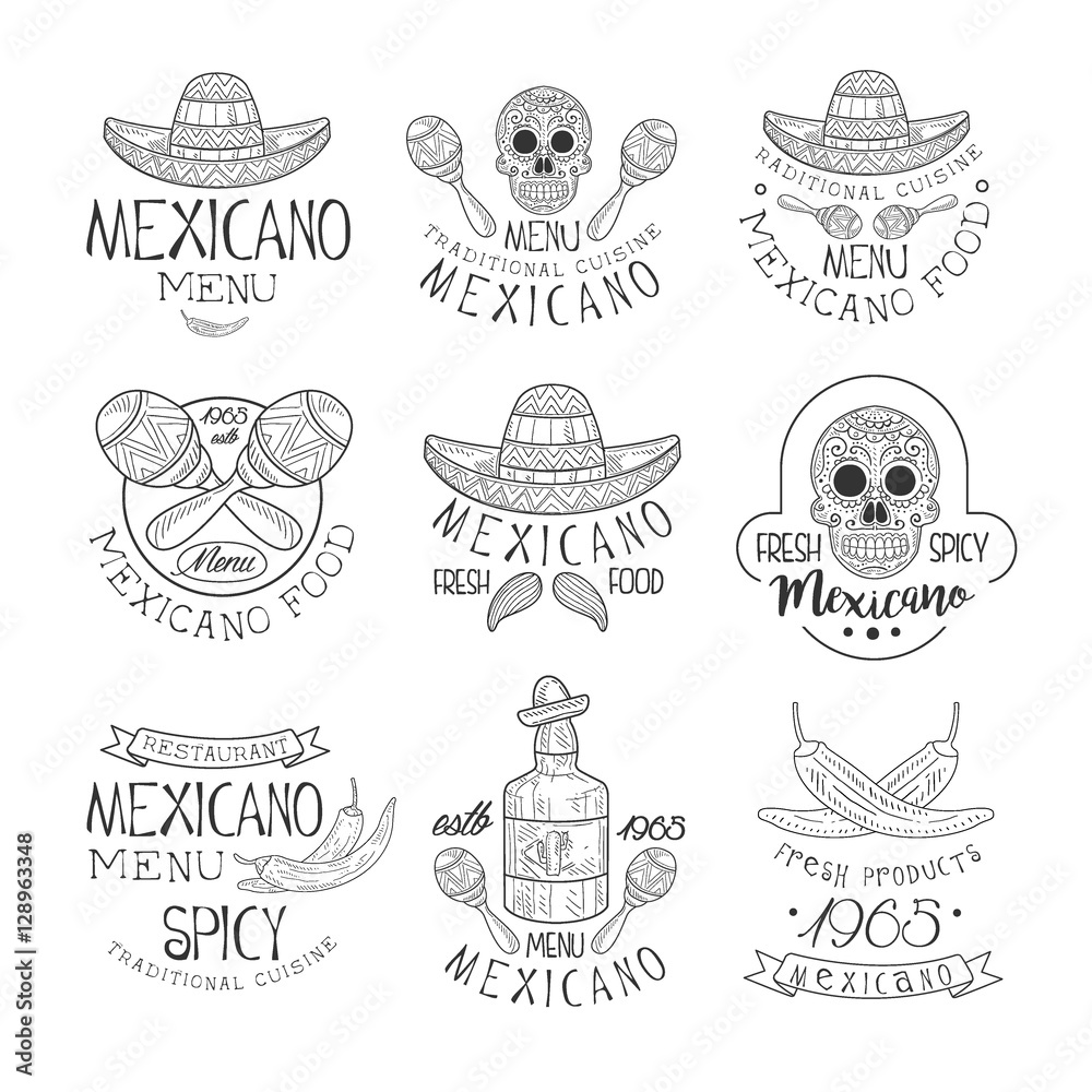 National Traditional Mexican Cuisine Restaurant Hand Drawn Black And White Sign Design Template Collection With Cultural Symbols Of Mexico