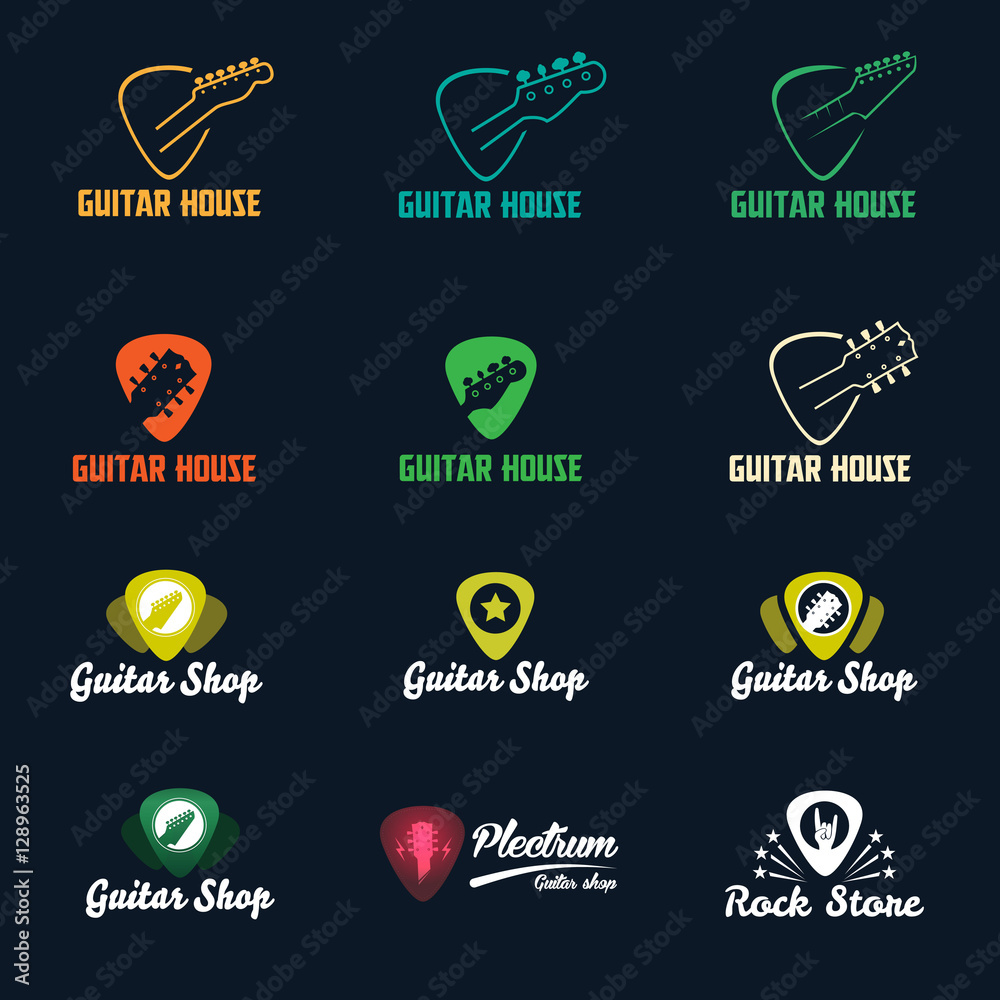 Guitar in plectrum shape logos set