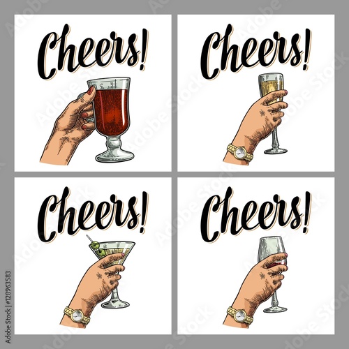 Female hand holding a glass of cocktail, wine, champagne.