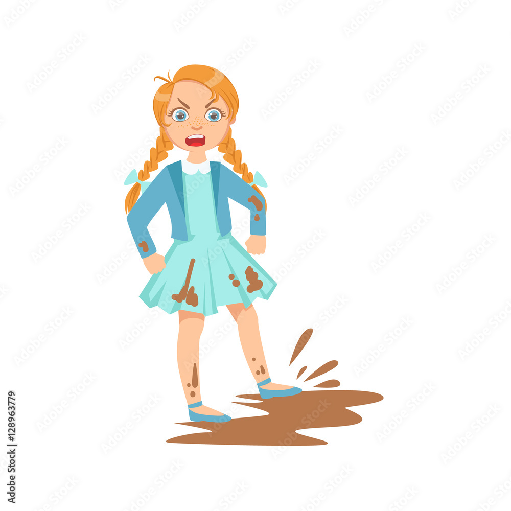 Girl Doing Splash In Mud Puddle Teenage Bully Demonstrating Mischievous Uncontrollable Delinquent Behavior Cartoon Illustration