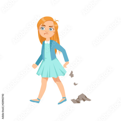 Girl Littering Teenage Bully Demonstrating Mischievous Uncontrollable Delinquent Behavior Cartoon Illustration