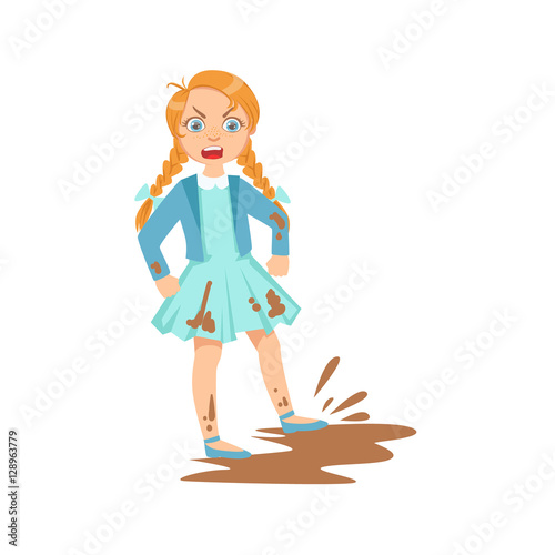 Girl Doing Splash In Mud Puddle Teenage Bully Demonstrating Mischievous Uncontrollable Delinquent Behavior Cartoon Illustration
