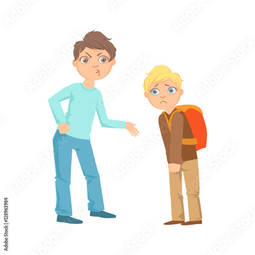 Boy Exorting Money From Weaker Kid Teenage Bully Demonstrating Mischievous Uncontrollable Delinquent Behavior Cartoon Illustration